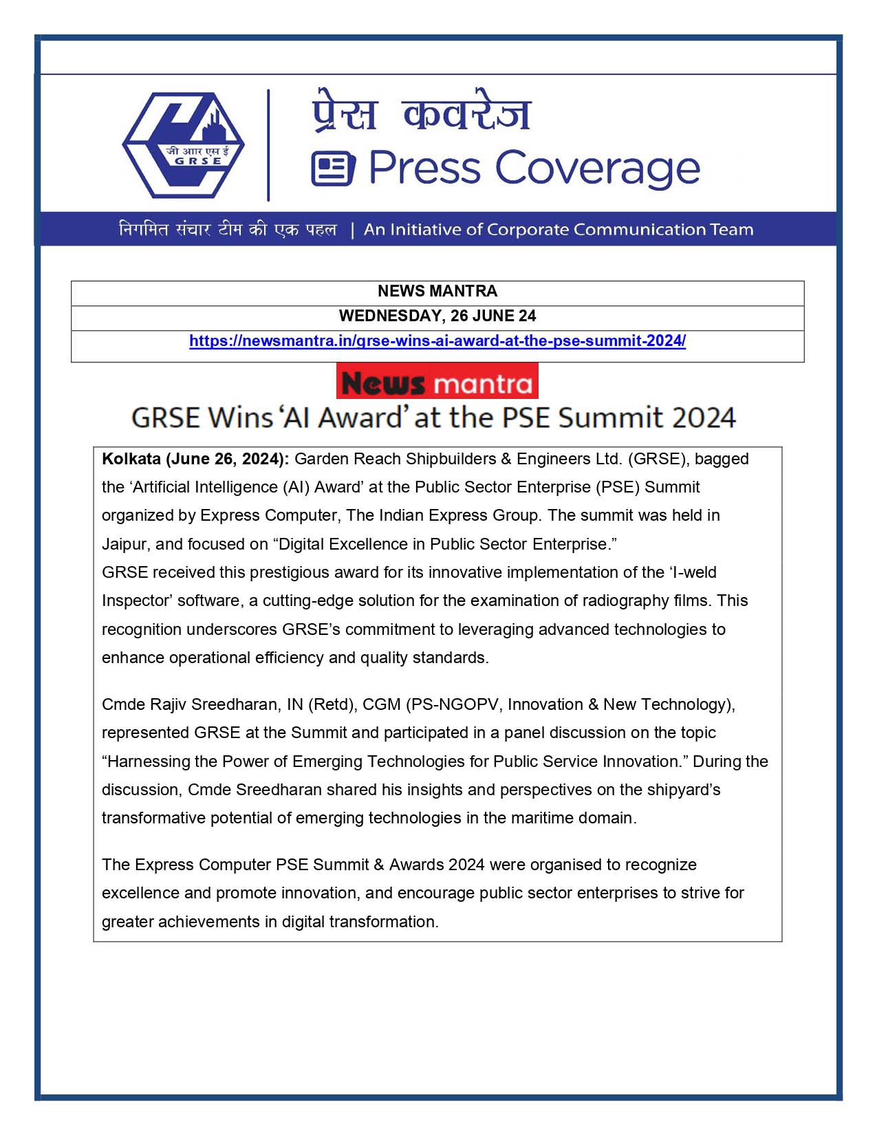 Press Coverage : Arabian Defence, 26 Jun 24 : GRSE Wins 'AI Award' at PSE Summit 2024